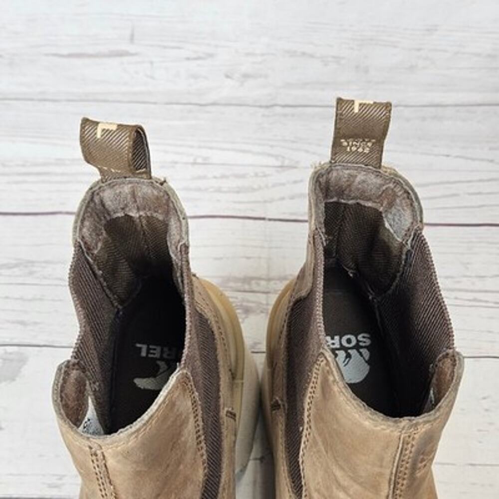 SOREL Hi-line Chelsea Boots Women's Tan Leather US 9 Platform Block Heel Ankle - Picture 6 of 7